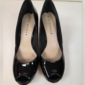 Via Spiga Black Patent Cork Wedges | Size 8